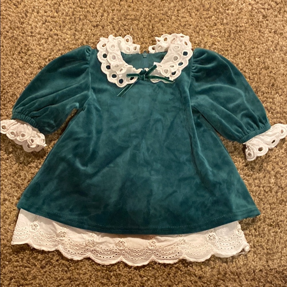Wonder Nation Size 3-6months Green Velvet Baby Dress with Lace Trim
